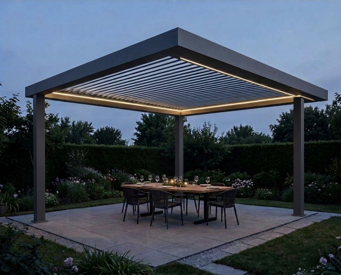 Freistehende Pergola mit Lamellendach und LED-Beleuchtung am Abend – Illustration zum Ratgeber „Pergola Zürich: Aluminium-Pergola richtig planen“