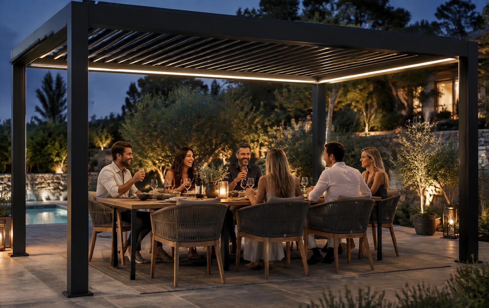 Gemeinsames Abendessen unter einer warm beleuchteten Pergola