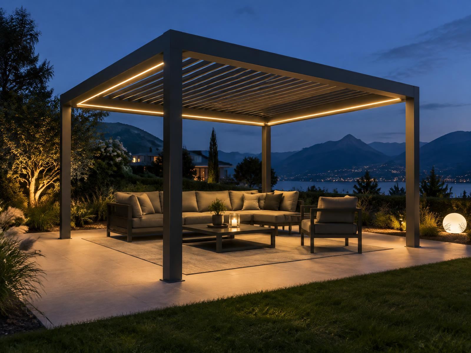 Pergola am Abend mit integrierter LED-Beleuchtung