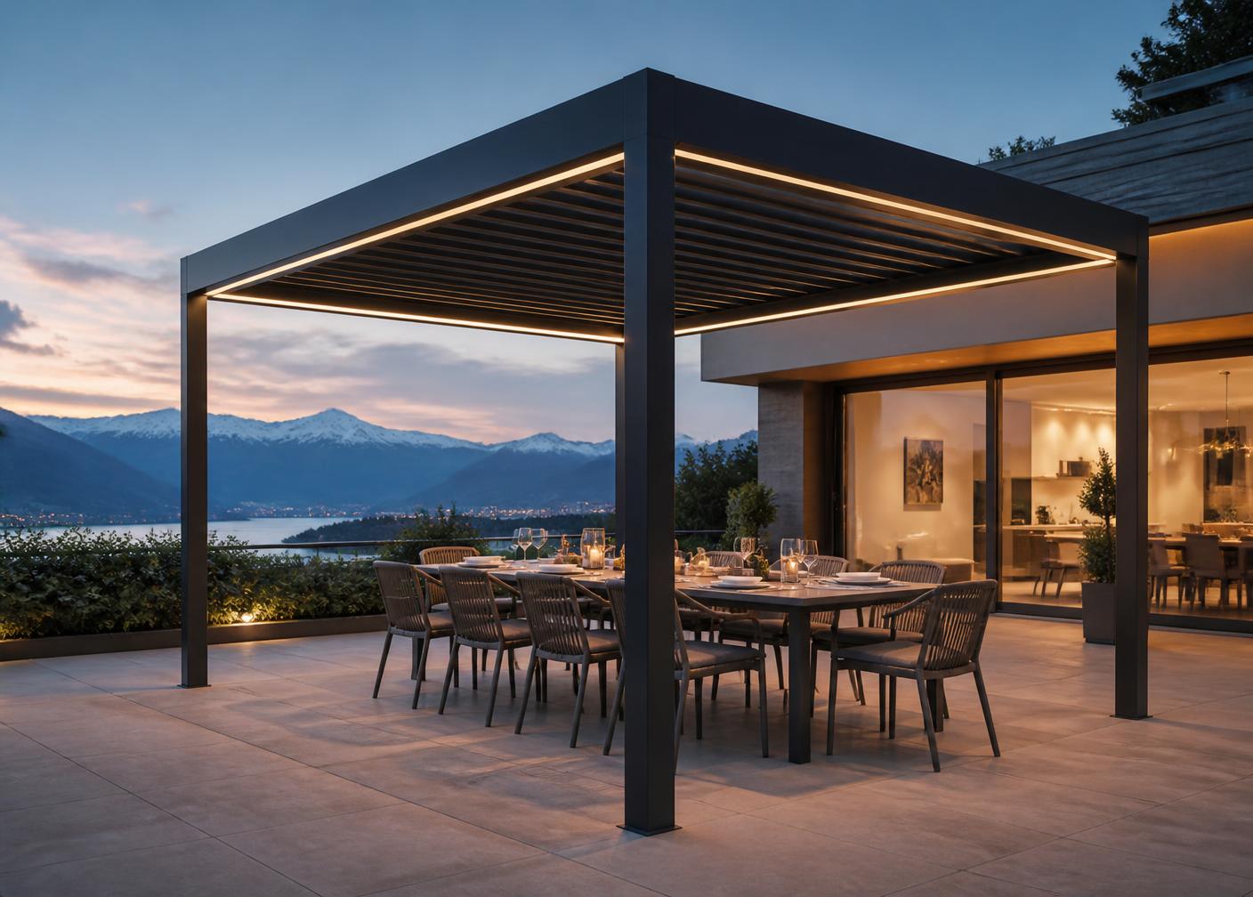 Freunde beim Abendessen unter der beleuchteten freistehenden Pergola