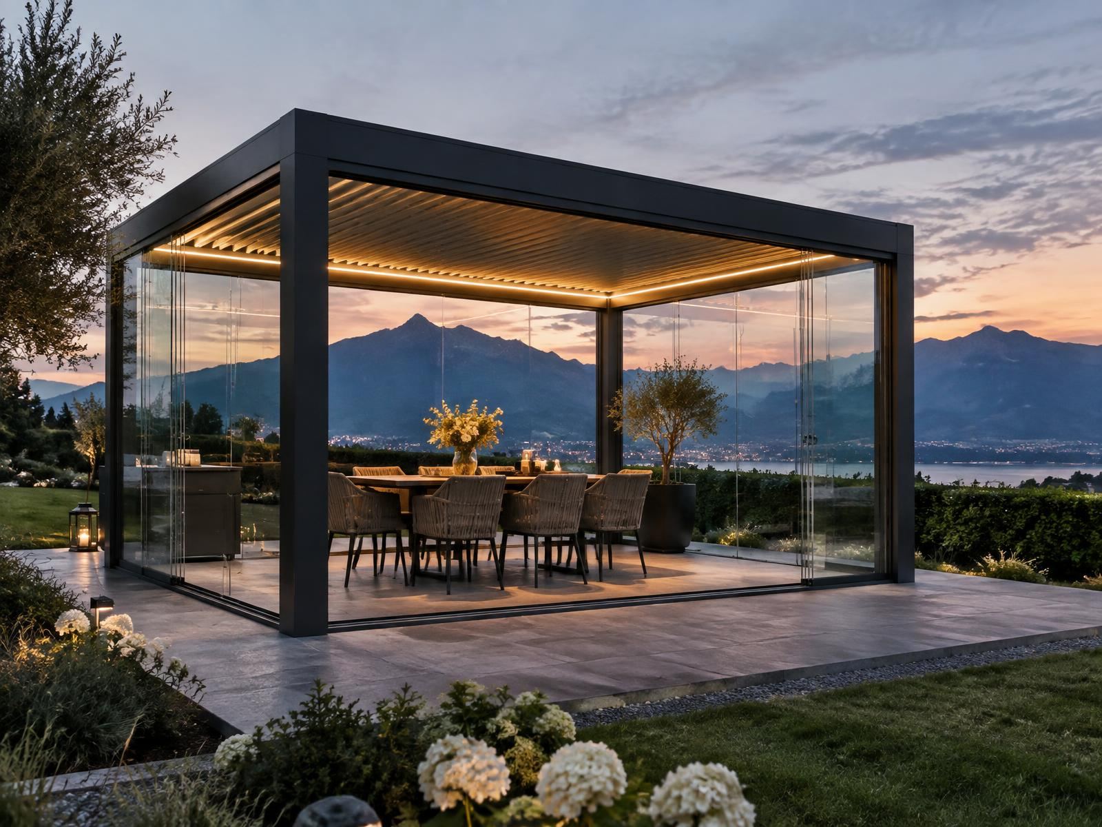 8-mm-Schiebeverglasung an einer freistehenden Pergola