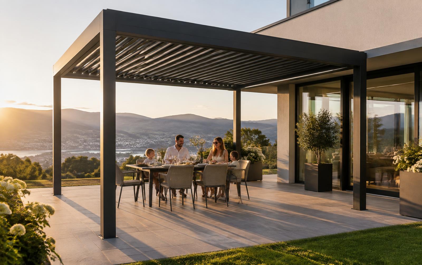 Freunde an einem gedeckten Tisch unter einer Pergola bei warmem Abendlicht