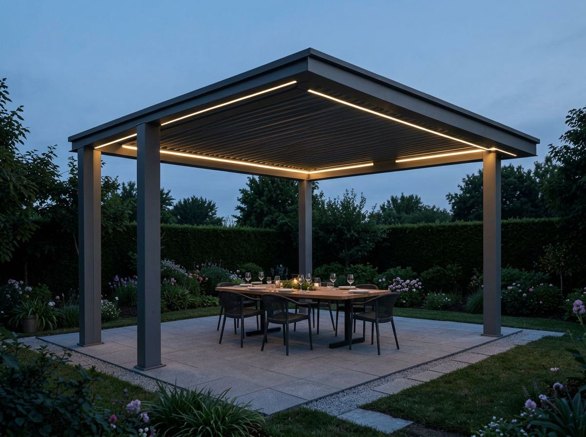 Freunde beim Abendessen unter der beleuchteten freistehenden Pergola