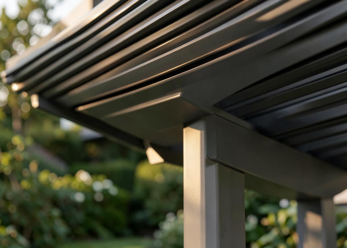 Detailansicht der massiven Aluminiumlamellen und des Seitenbalkens