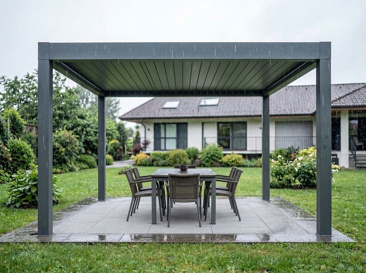 Freistehende Aluminium-Pergola mit geschlossenem Lamellendach bei Regen