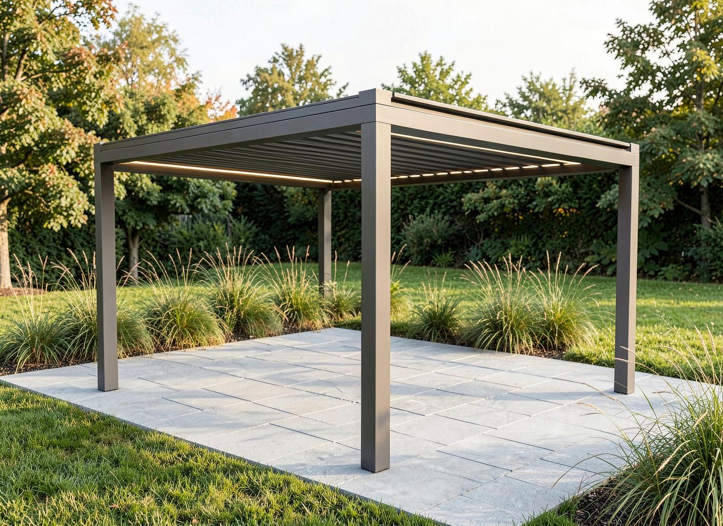Freistehende Aluminium-Pergola mit vier Eckpfosten, flachem Lamellendach und LED-Beleuchtung – Illustration zum Ratgeber „Pergola im Garten: freistehend planen statt improvisieren“